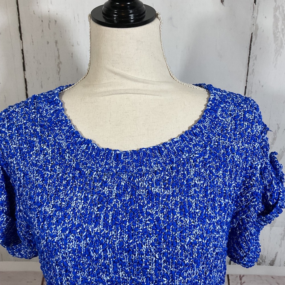 Milly New York Sweater Top S Blue Textured Popcorn Knit Button Tab Short Sleeve - Picture 2 of 15